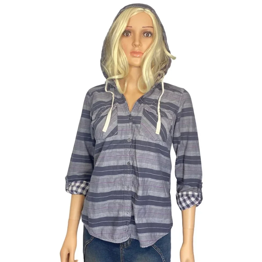 Columbia Women Button Up Hooded Cotton Flannel Shirt S Cotton Purple Gray Plaid - Picture 2 of 11